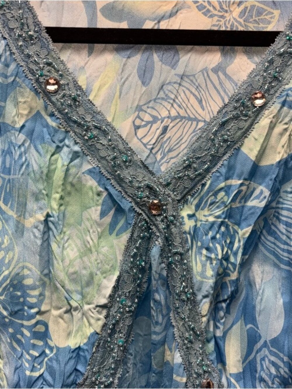 Blue Floral Beaded Sheer Blouse Top Size XL - Picture 3 of 4